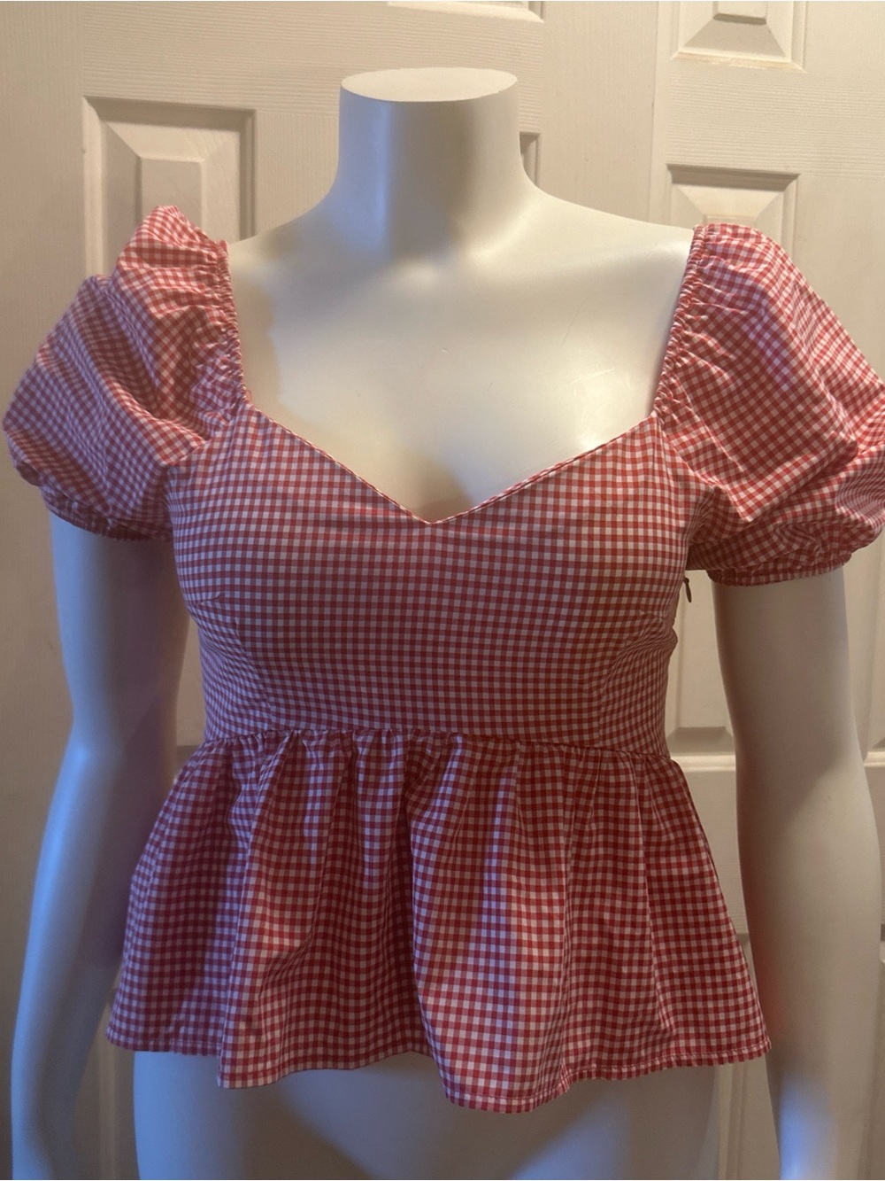 SHEIN Red Gingham Peplum Blouse with Puff Sleeves